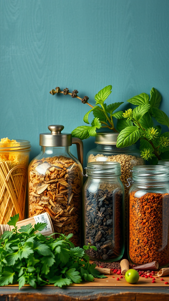 An assortment of jars filled with herbs and spices, showcasing colonial cooking ingredients.