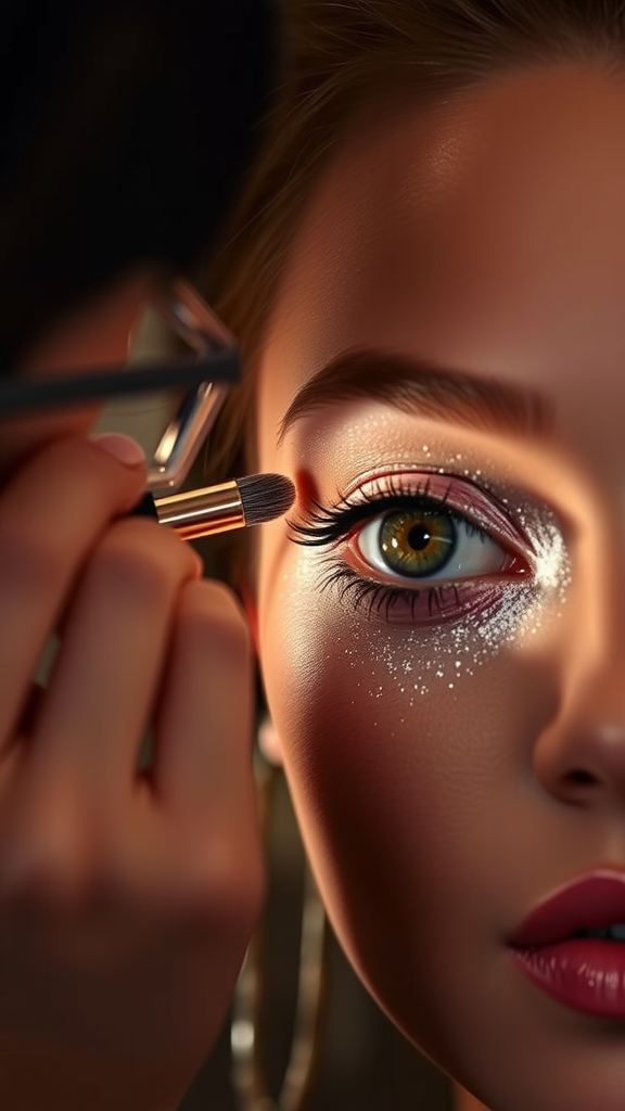Close-up of a person applying makeup to the inner corner of an eye, enhancing brightness.