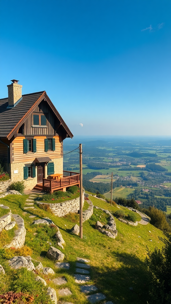 Cozy cabin on a hillside with scenic views