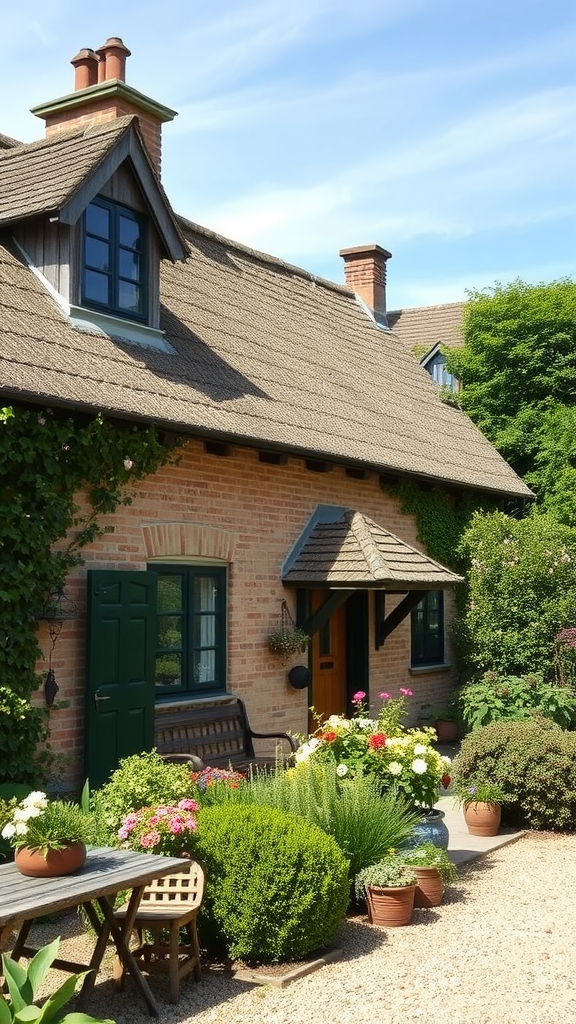 A picturesque historic farm cottage with a thatched roof, surrounded by colorful flowers and greenery.