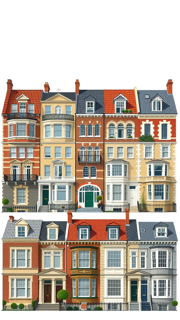 A row of colorful townhouses showcasing various architectural styles