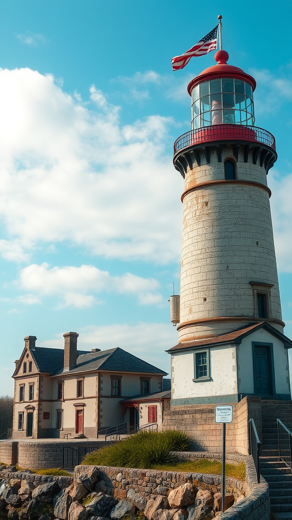 A red and white lighthouse with an American flag flying, set against a clear blue sky, near a historical building.