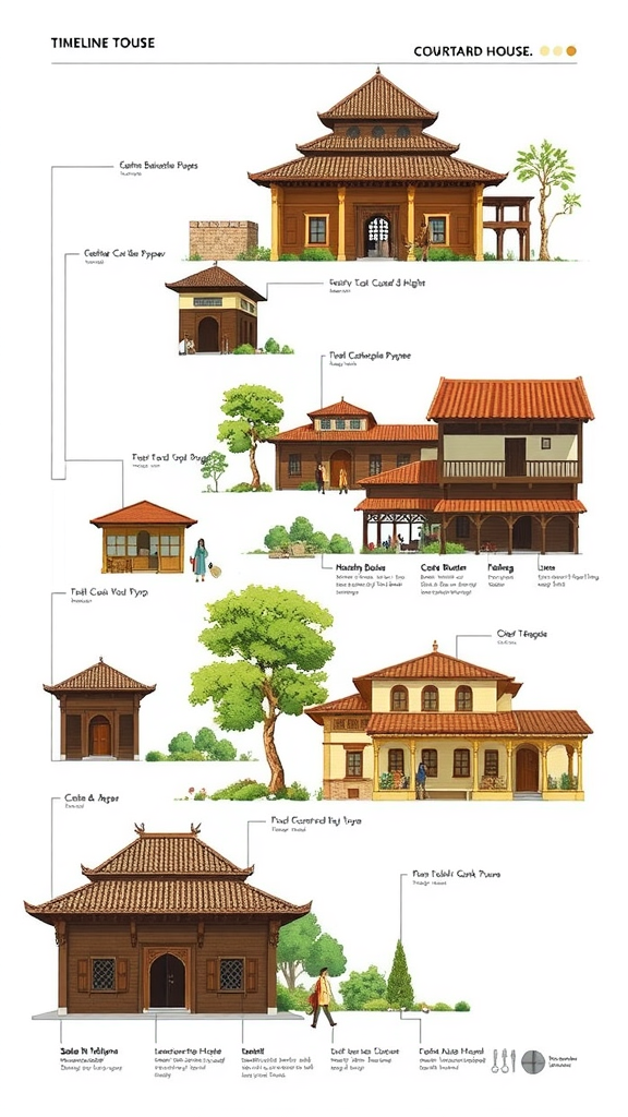 Illustrated timeline showing the evolution of courtyard houses with various architectural styles.
