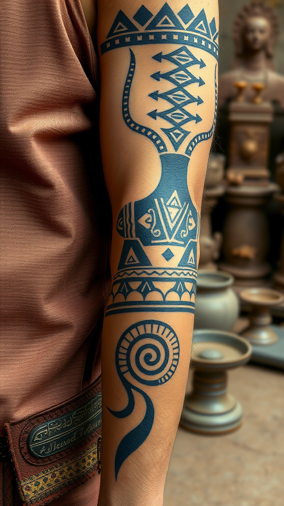 A close-up of a decorative tattoo on a person's arm, featuring geometric patterns and symbols.
