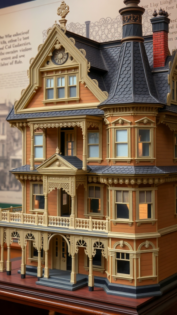 A detailed Victorian dollhouse with intricate architecture and vibrant colors.