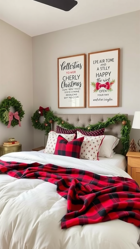 Cozy bedroom decorated with holiday-themed wall art and accessories, featuring a red and black plaid blanket, festive pillows, and a wreath.