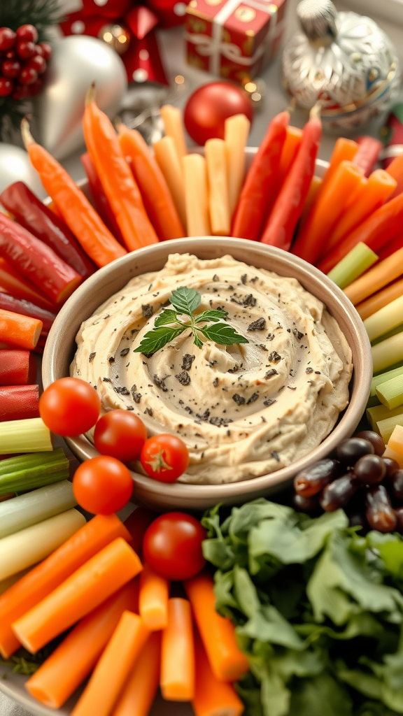 A bowl of creamy hummus surrounded by an assortment of fresh vegetables, creating a vibrant holiday platter.