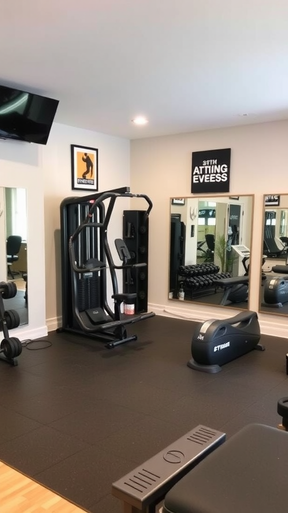 A home gym with various exercise equipment including weights and machines.