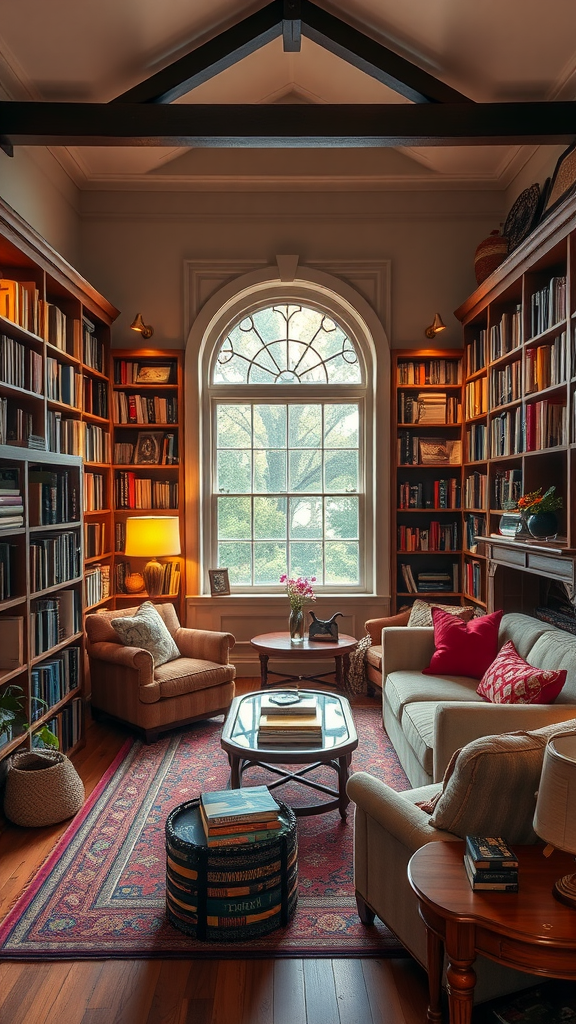 A cozy home library with bookshelves, comfortable seating, and a large window.