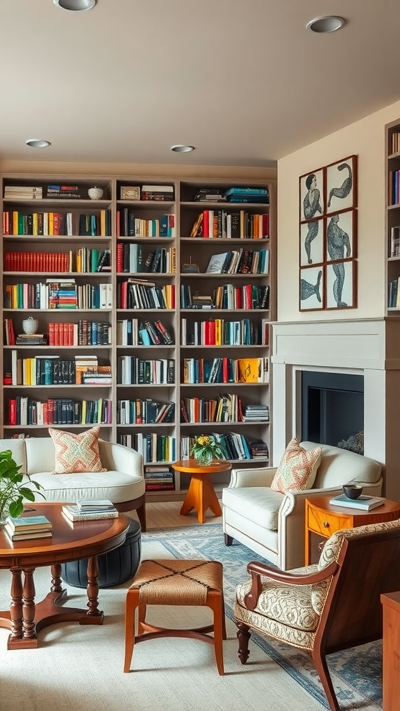 Cozy home library with bookshelves and comfortable seating