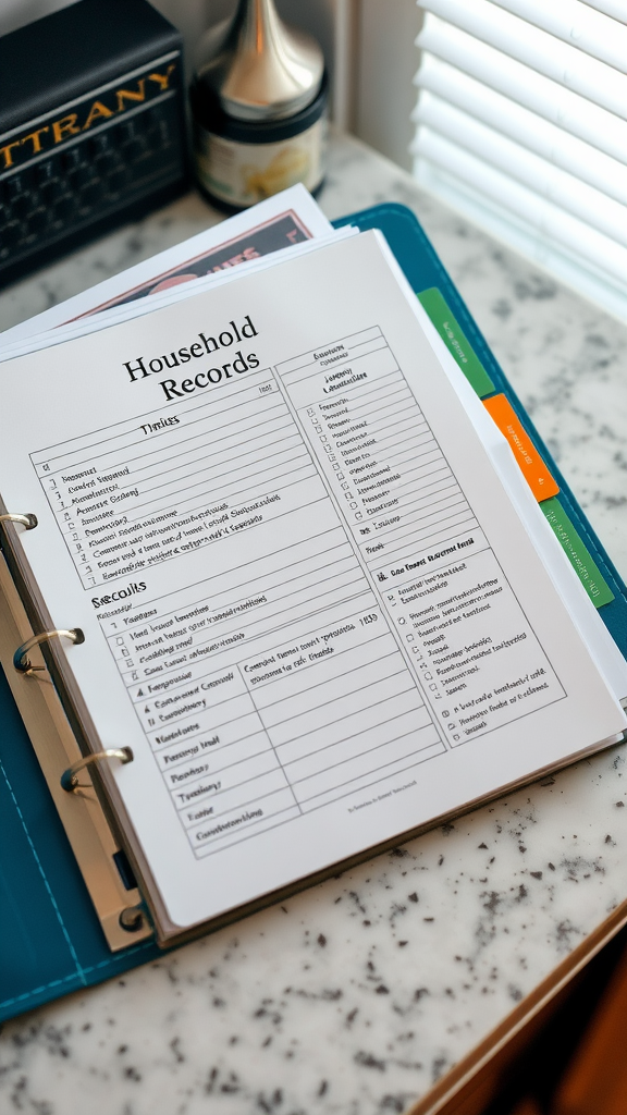 A household records binder with maintenance and repair logs.