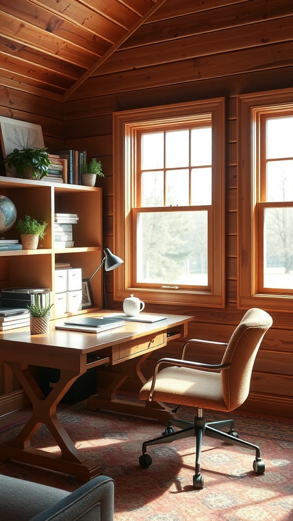 A cozy home office featuring a wooden desk, comfortable chair, and bright windows.