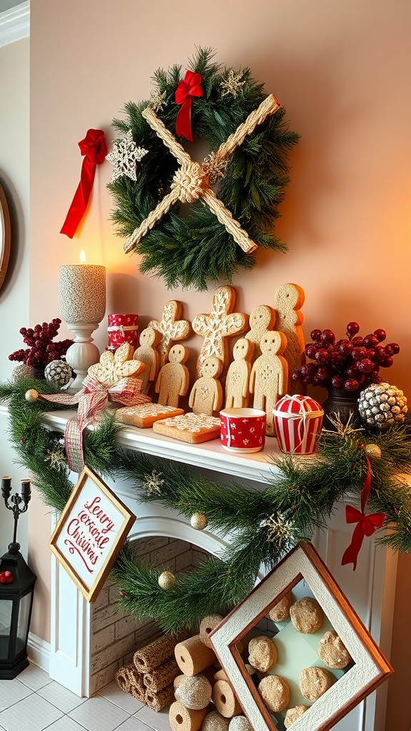 A beautifully arranged display of homemade cookies and festive decorations on a mantel.