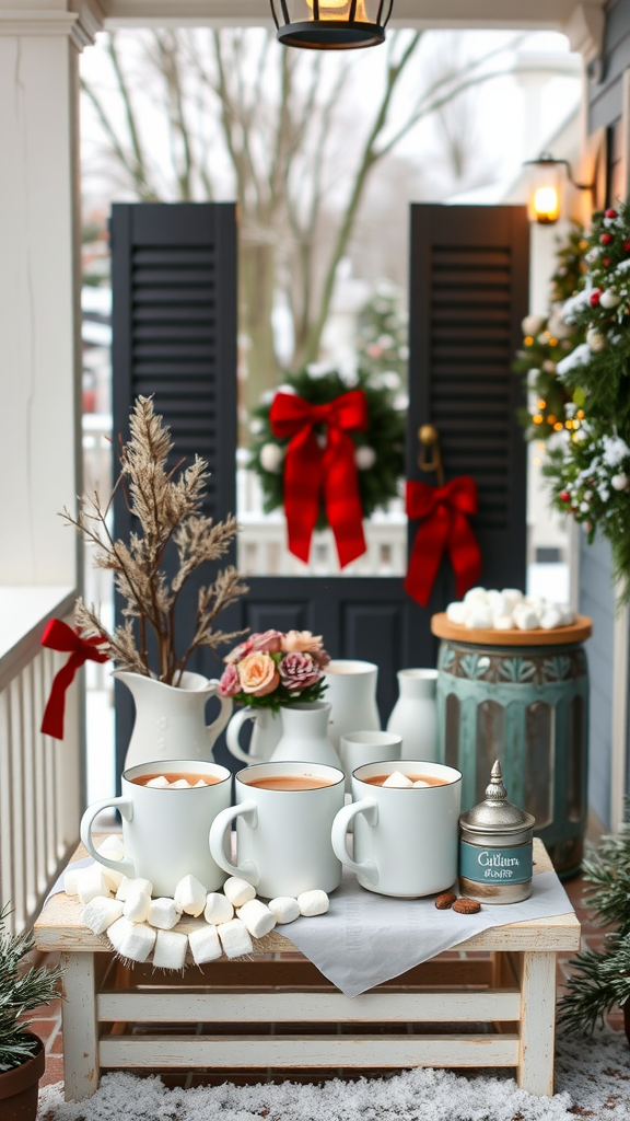 A festive hot cocoa station with mugs, marshmallows, and holiday decorations.