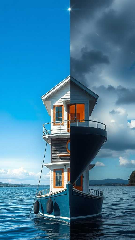 A houseboat split between bright sunny weather and a stormy dark sky.
