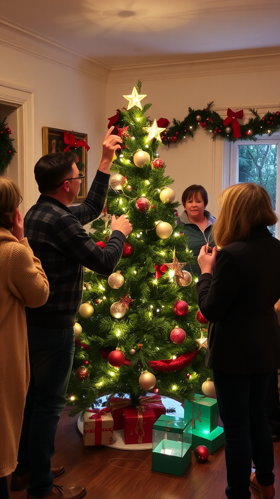 A group of friends decorating a Christmas tree together.
