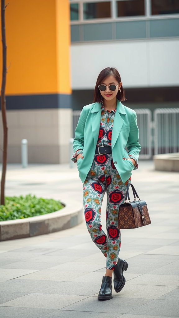 A woman walking confidently in a colorful patterned outfit with a mint green blazer and stylish handbag.