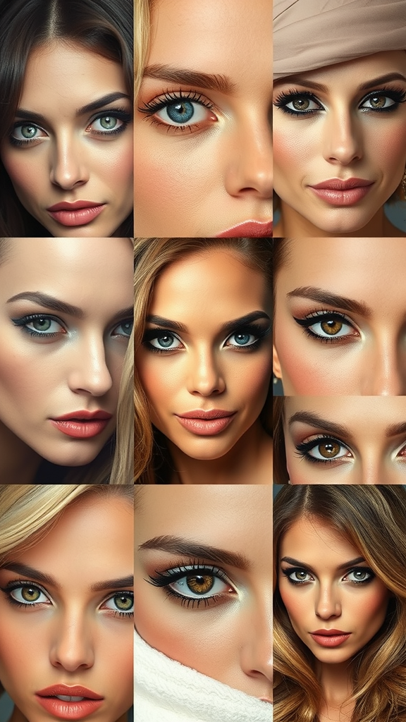 Collage of women with striking eyes and various makeup styles.