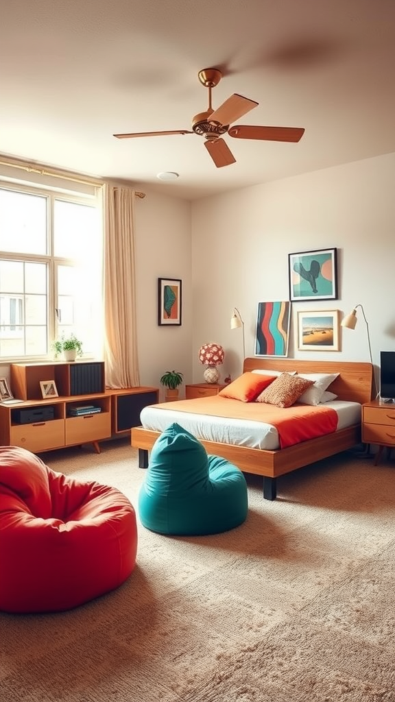 A retro-inspired bedroom featuring a wooden bed, colorful bedding, bean bags, and 70s style decor