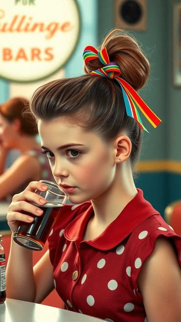 A girl with a stylish ponytail wearing a red polka dot outfit and holding a glass of soda.