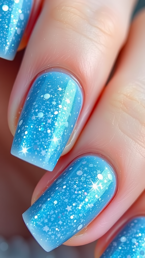 Close-up of nails painted with icy blue and glitter snow design.