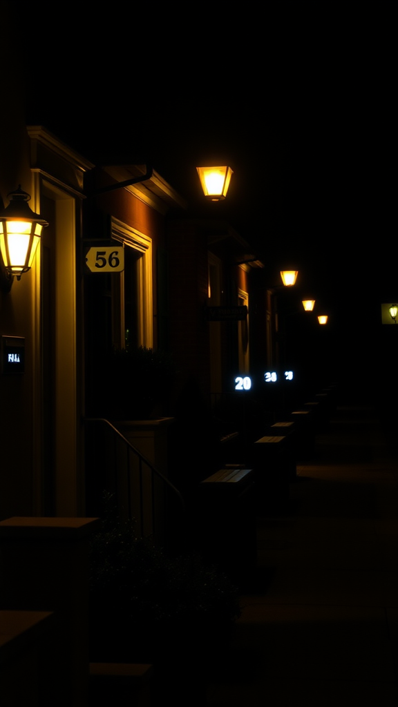 Illuminated house numbers on a dimly lit street at night