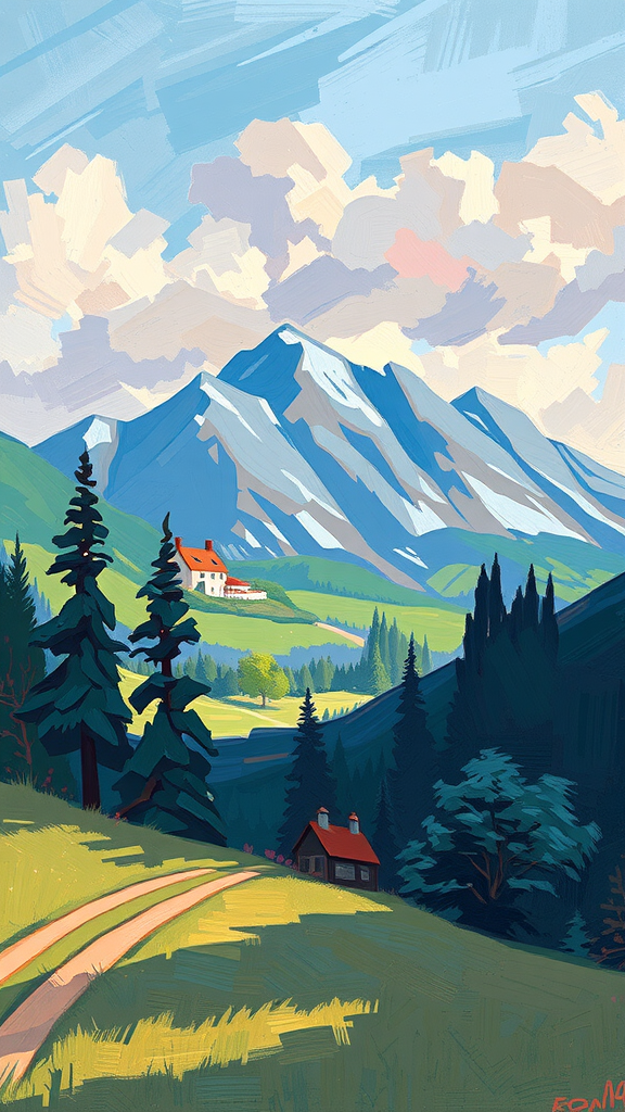 A vibrant Impressionist landscape featuring mountains, trees, and cottages under a blue sky with fluffy clouds.