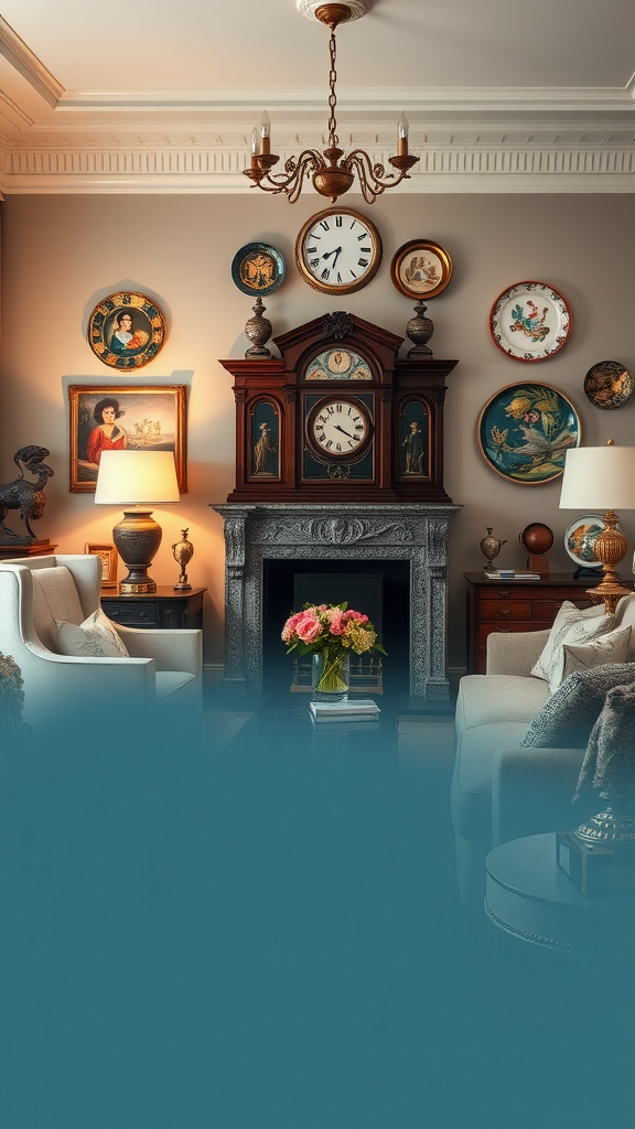 A cozy living room featuring a beautiful antique clock, vintage decor on the walls, and soft seating.