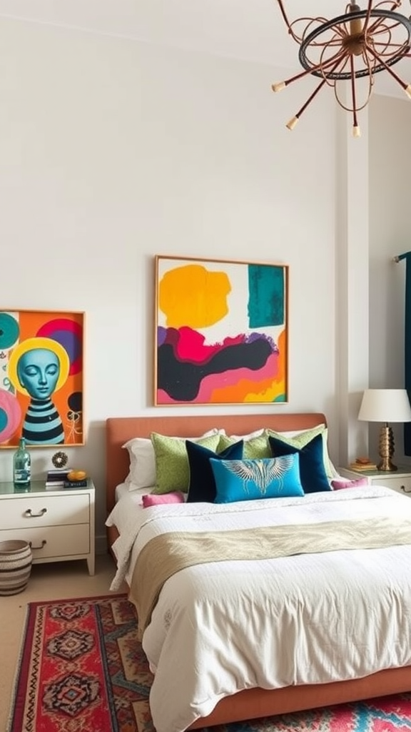 Cozy bedroom with bold wall art featuring vibrant colors and abstract designs.
