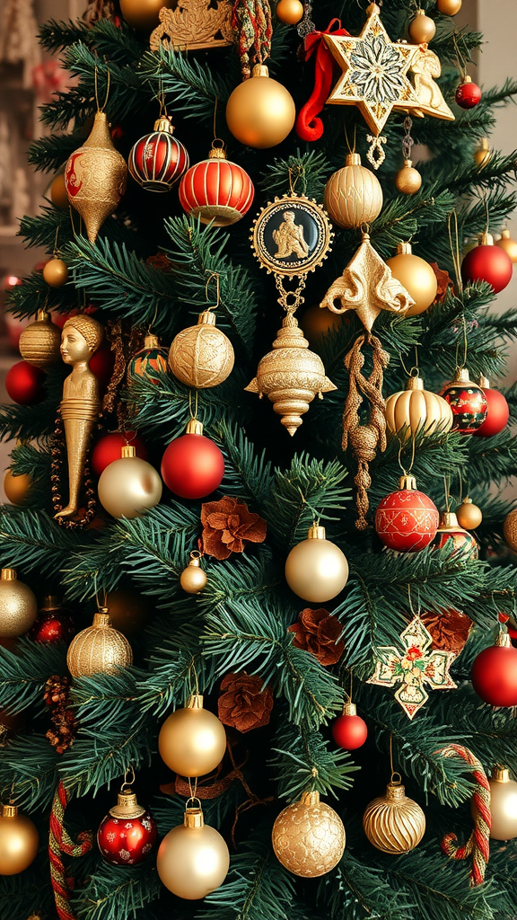 A beautifully decorated Christmas tree with gold and red ornaments, showcasing a mix of traditional and modern designs.