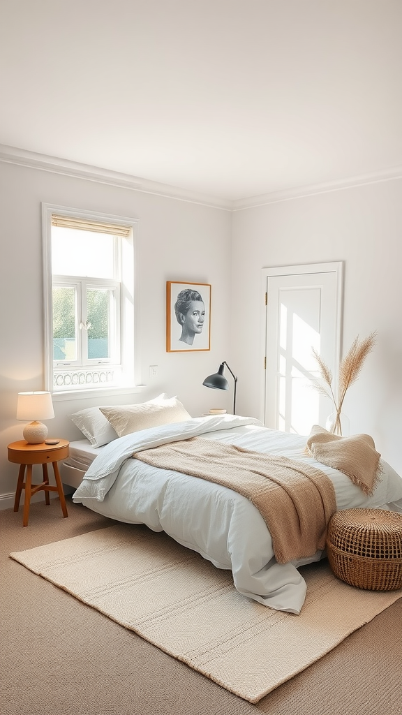 A cozy bedroom with light-colored walls, soft bedding, and warm decor.