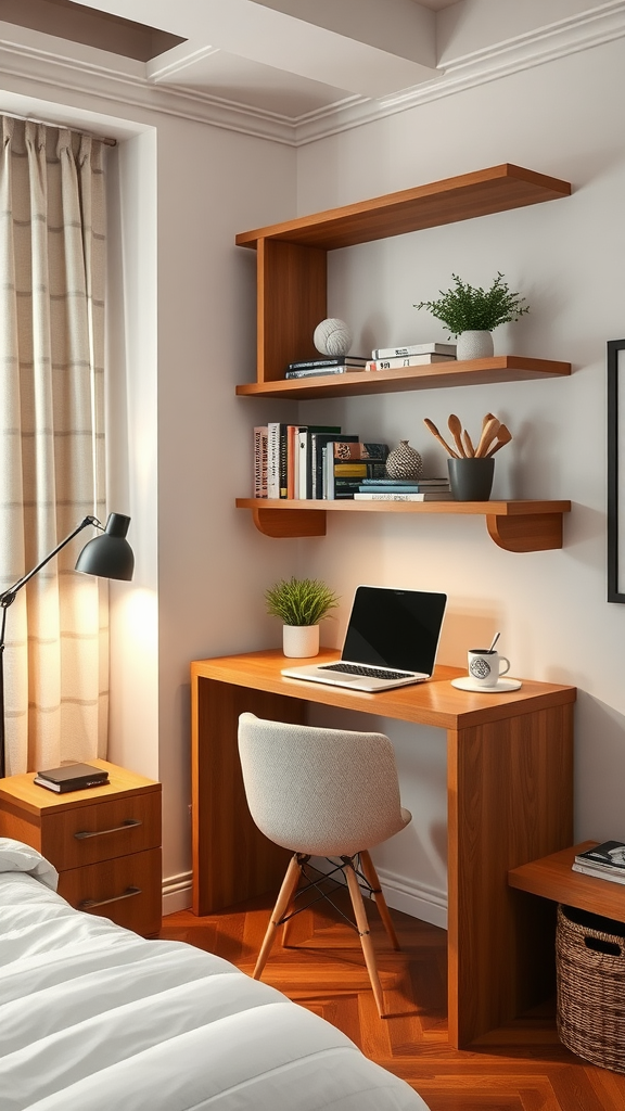 Cozy workspace featuring wooden bookshelves, a desk with a laptop, and decorative plants.