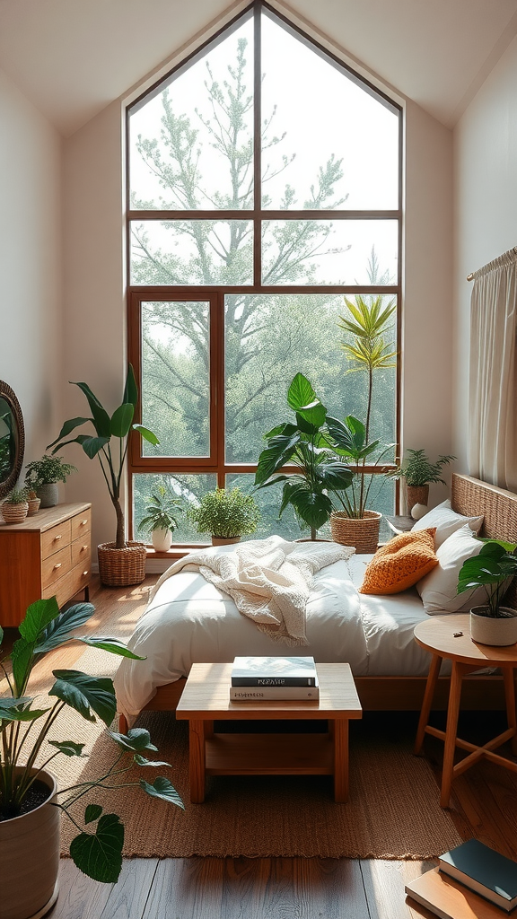 A cozy bedroom filled with natural elements, featuring large windows, plants, and wooden furniture.