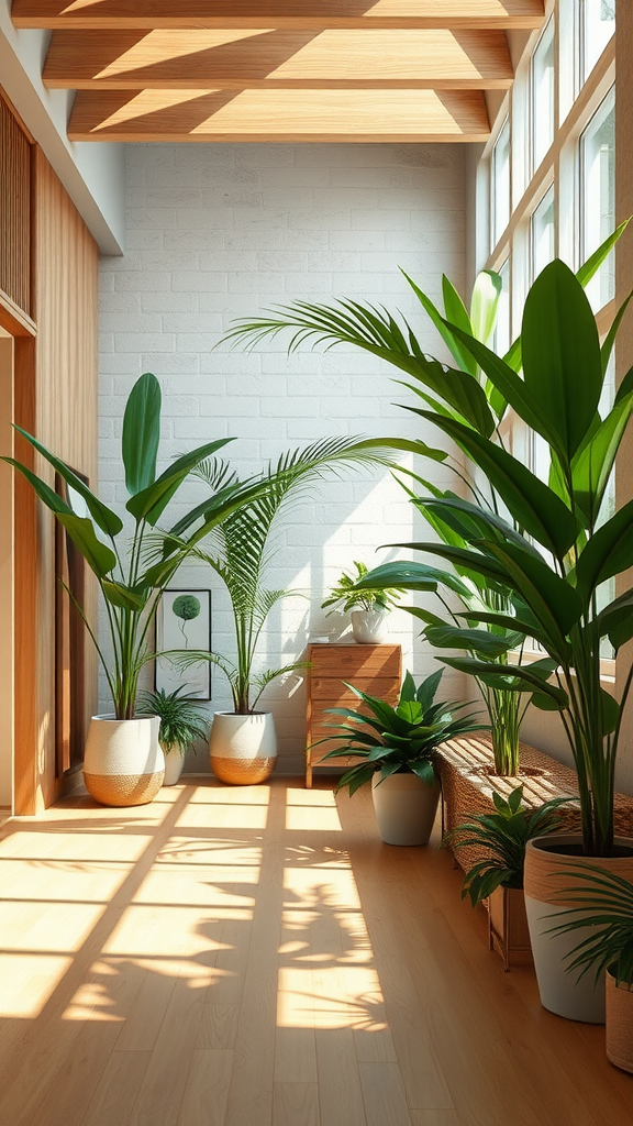 Bright indoor space with large houseplants and wooden beams casting shadows.