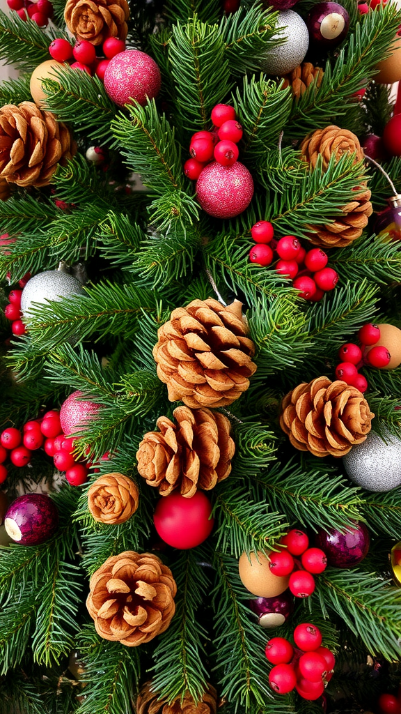 A Christmas tree decorated with pinecones, red berries, and colorful ornaments.