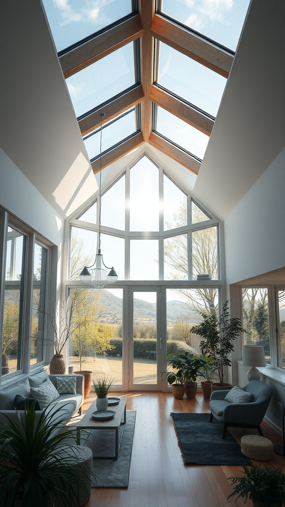 Bright and airy living room with large windows and a glass ceiling, featuring plants and natural light.