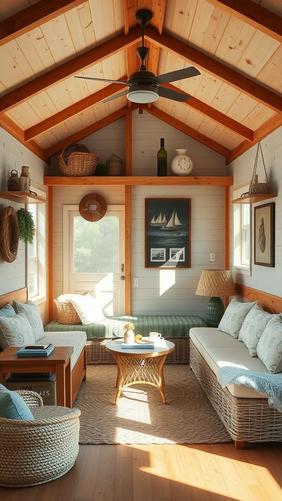Interior view of a coastal tiny house featuring wood beams, rattan furniture, and natural textures.