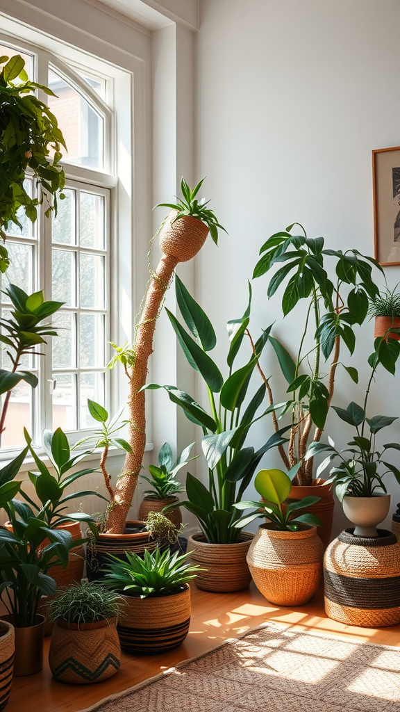 A bright indoor space filled with various plants in decorative pots, highlighting biophilic design.
