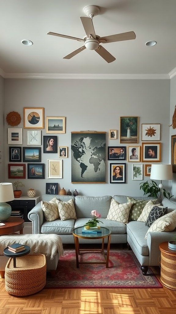A cozy 12x14 living room featuring a gray couch, framed artwork on the walls, and a decorative coffee table.