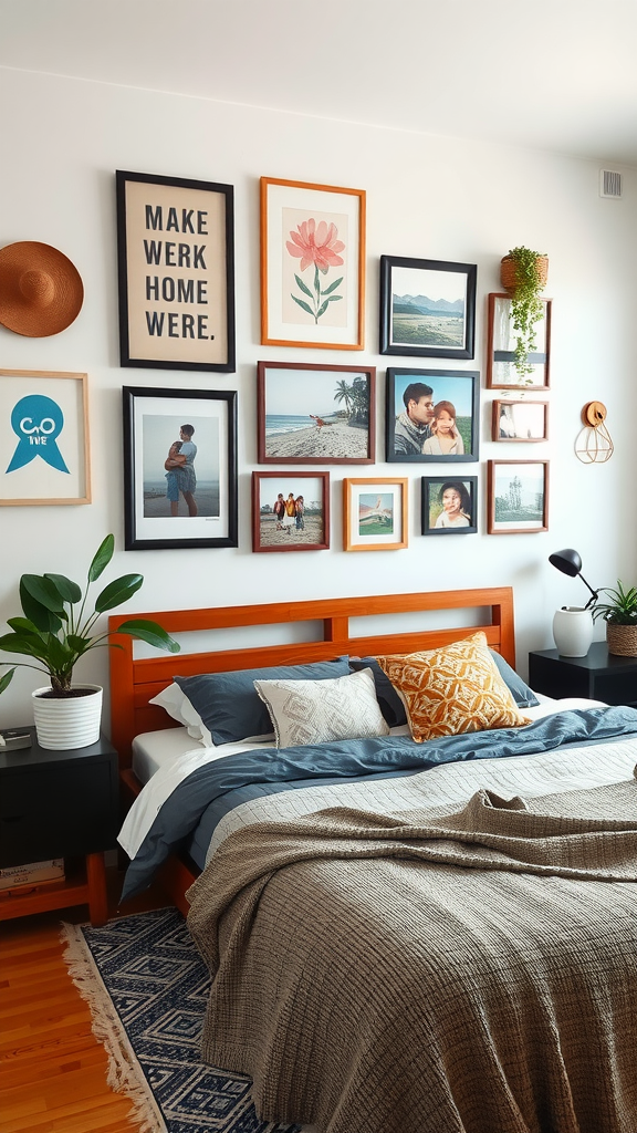 A cozy bedroom featuring a gallery wall with framed photos and art, a neatly made bed, and decorative plants.