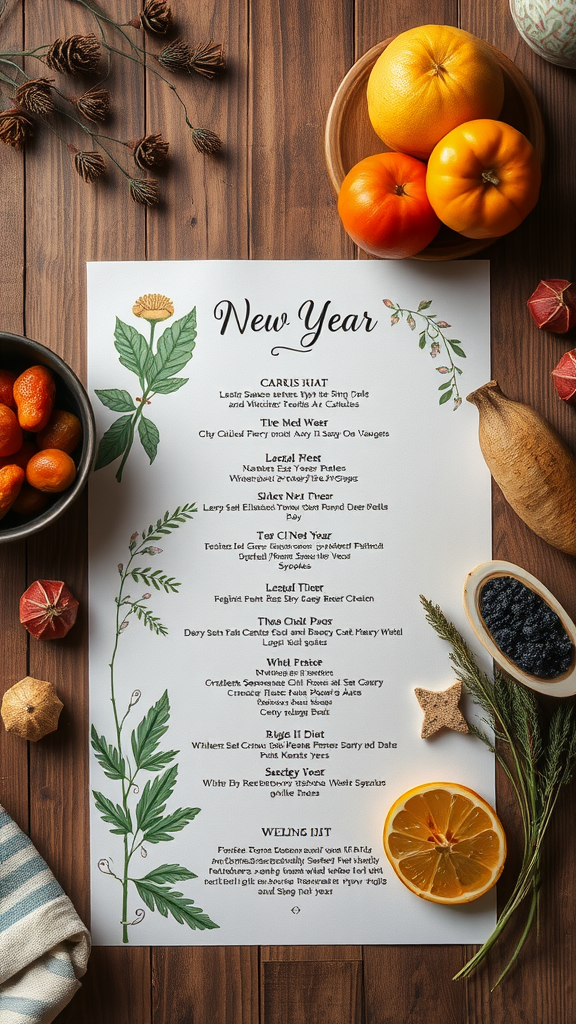 A beautifully arranged table with a menu for New Year's featuring seasonal ingredients, surrounded by fresh fruits and decorative elements.