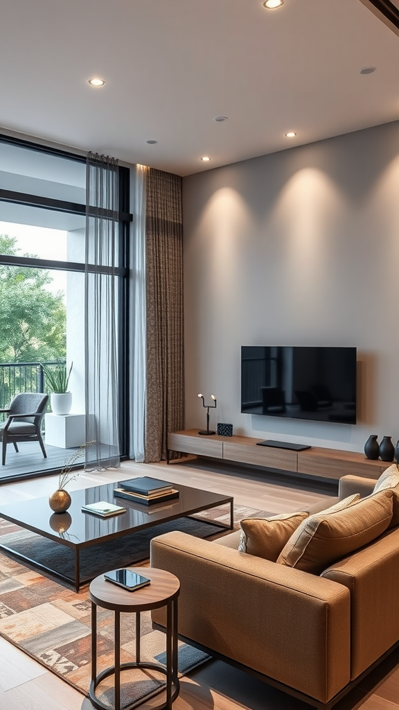 Modern living room with large windows, stylish furniture, and a television