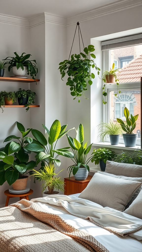 A cozy bedroom decorated with various indoor plants, including tall leafy plants and hanging ones, creating a serene atmosphere.