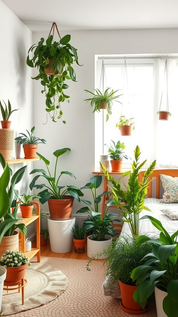 Cozy bedroom filled with various indoor plants in pots, showcasing a refreshing and earthy decor.