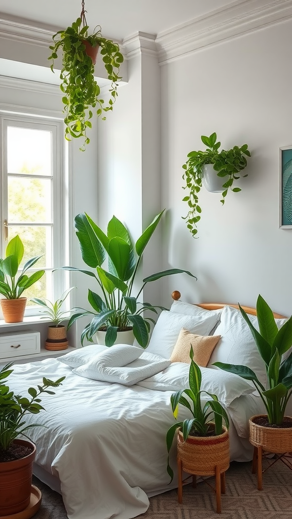 A cozy bedroom filled with various indoor plants, creating a fresh and inviting atmosphere.
