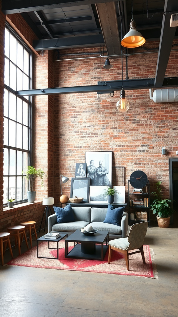 A cozy industrial-style living room featuring exposed brick walls, large windows, and modern furniture.