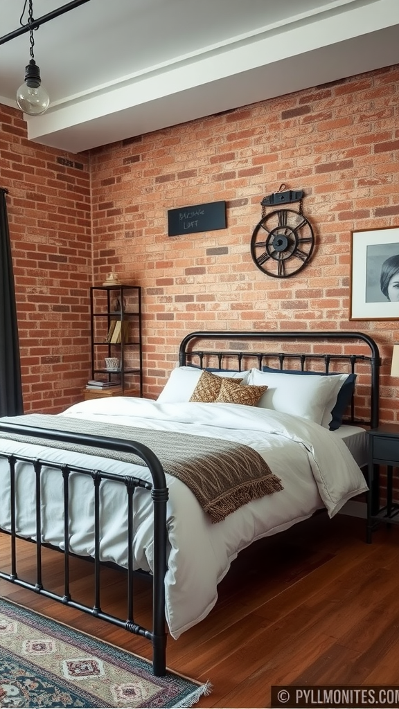 A cozy bedroom featuring an exposed brick wall, metal bed frame, and vintage decor.