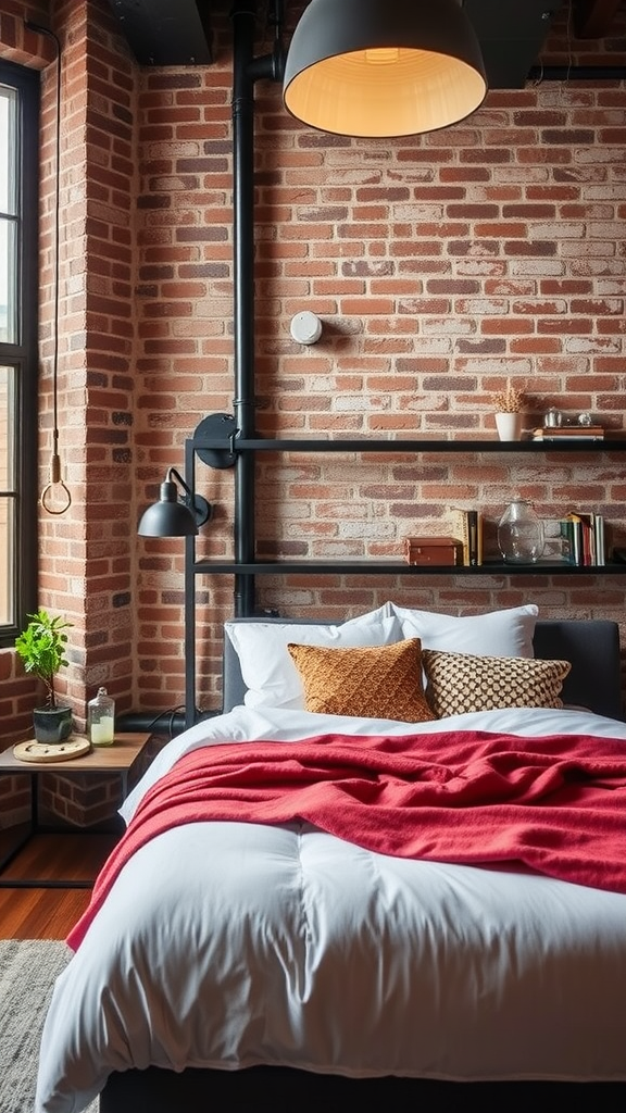 Cozy industrial loft bedroom with exposed brick walls and stylish bedding