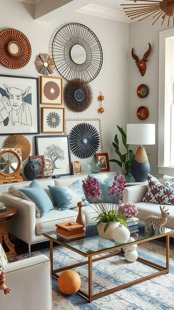 A stylish and cozy living room featuring various wall decor, plants, and accessories.