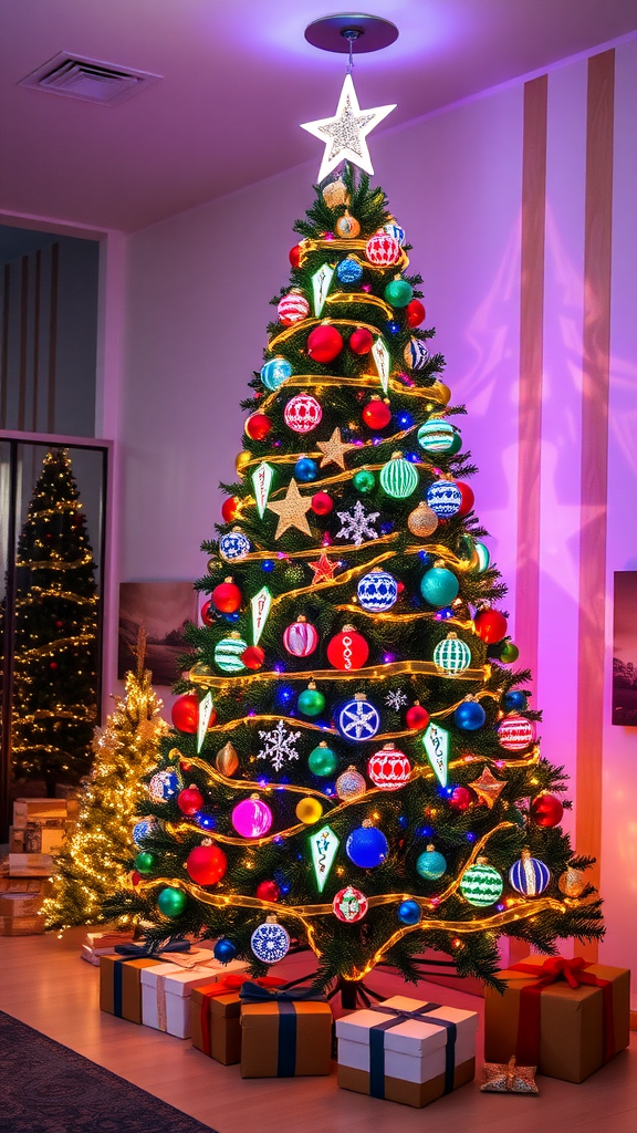 A beautifully decorated Christmas tree with colorful ornaments and lights, surrounded by presents.